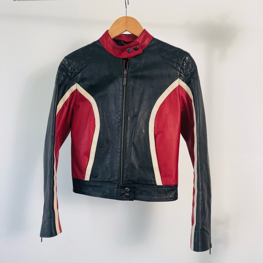 Vintage Genuine Leather Racer Moto Jacket in Red Black and White Small